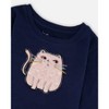 Deux par Deux Girl Organic Cotton T-Shirt Dark Blue with Cat - 4 of 4