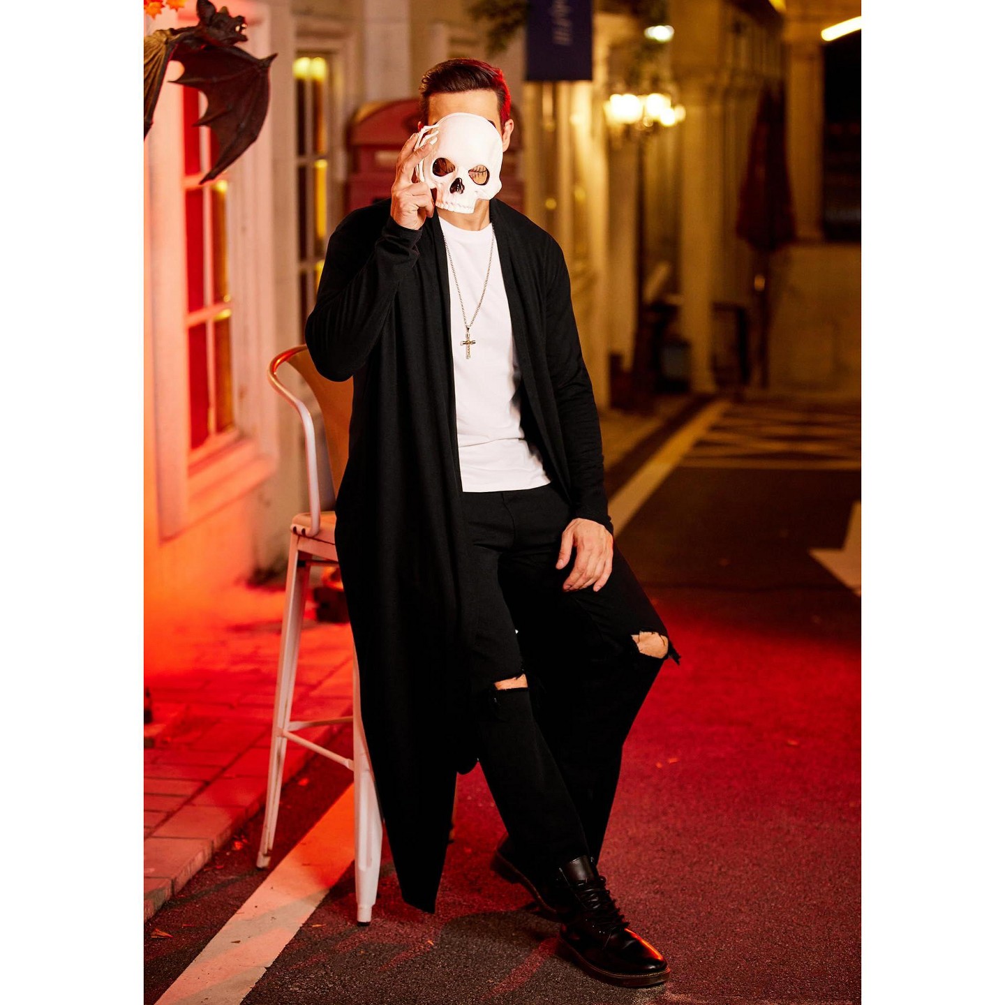 Мужские кардиганы COOFANDY Lightweight Ruffle Shawl Collar Cardigan Open Front Long Length Drape Cape Overcoat Black, цвет: Чёрный — фото 3