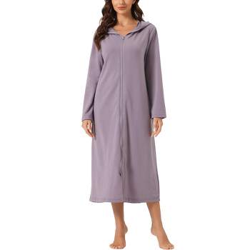 Womens Zip Up Robe Nightgown Long Hooded Sweatshirt Bathrobe Long Sleeve  Housecoat Lounger With Pockets 