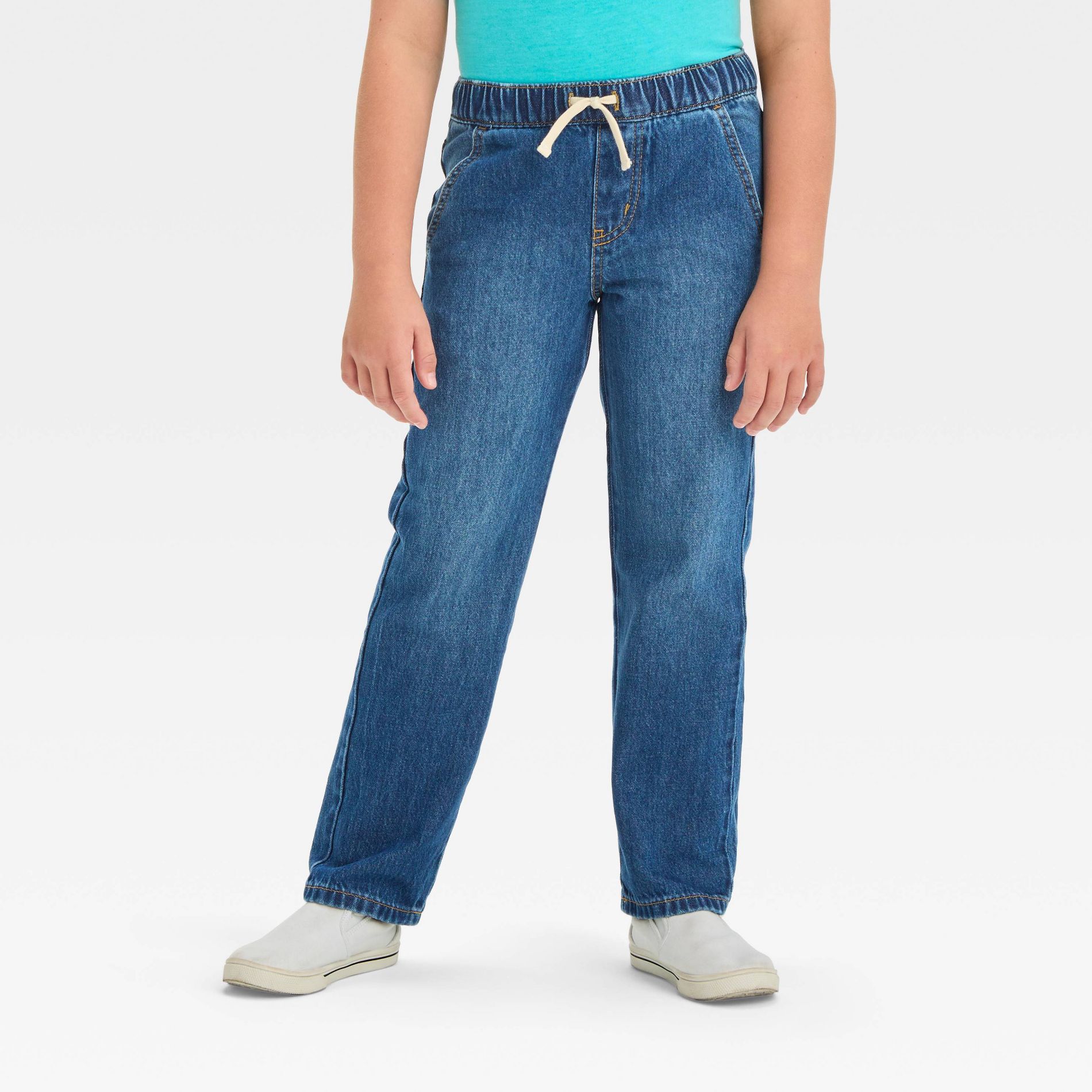 Boys' Straight Fit Pull-On Pants - Cat & Jack™ Medium Wash 4: Denim, Elastic Waist, Mid Rise