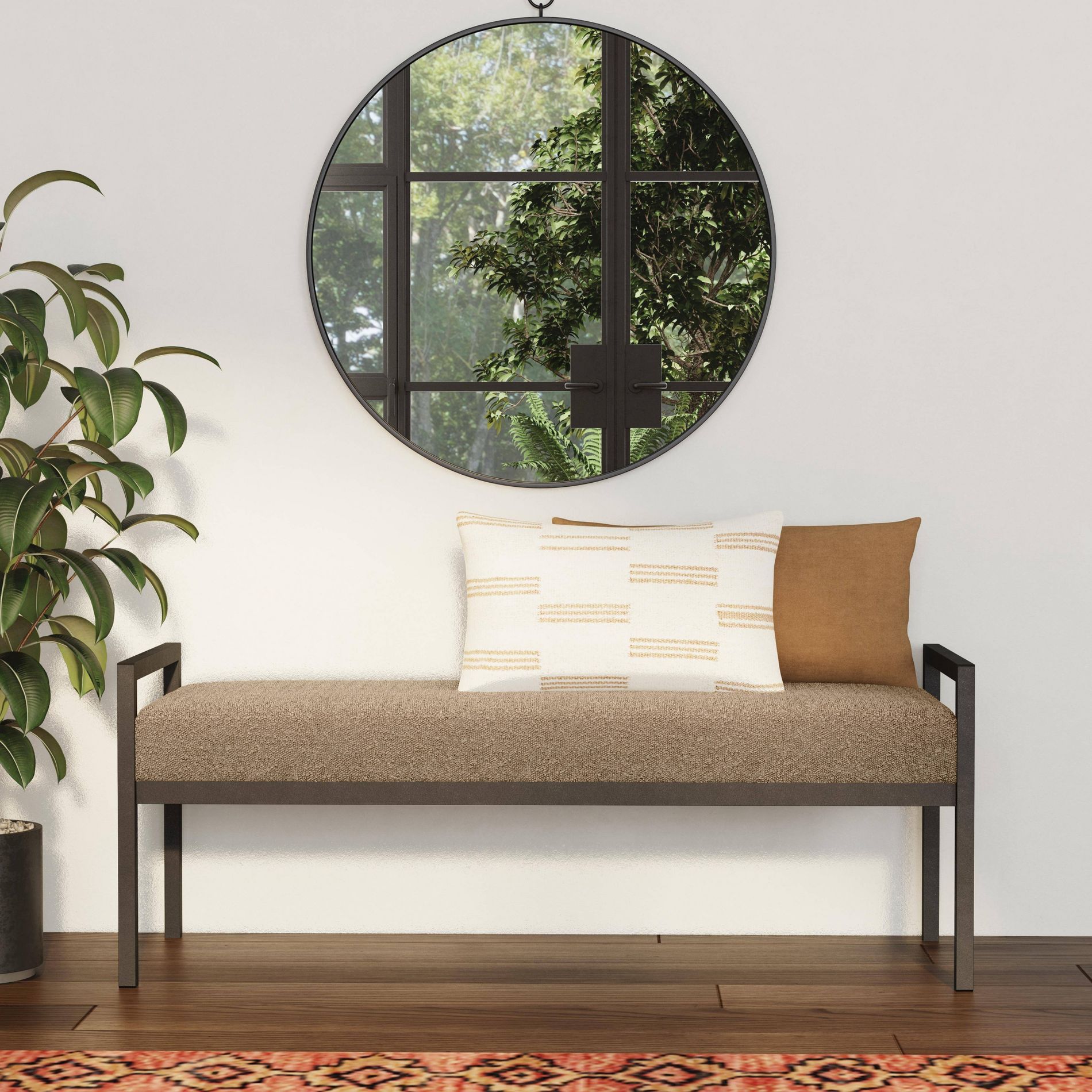 Modern Metal Faux Shearling Bench Brown - HomePop