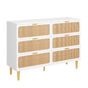 6 Drawer Dresser, Rattan Chest of Drawers with Deep Drawers, Large Modern Double Dresser for Closet with Wide Top, Horizontal Wooden Dresser - 1 of 4