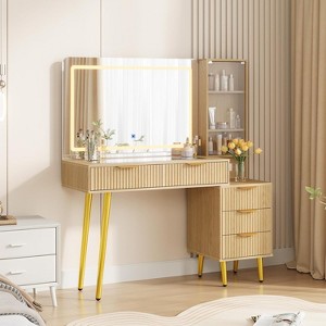 48" Makeup Vanity with 36" Mirror and Light, 3 Color Modes, Glass Top Dressing Table with 5 Drawers, 3 Shelves and Built-in Outlets for Bedroom - 1 of 4