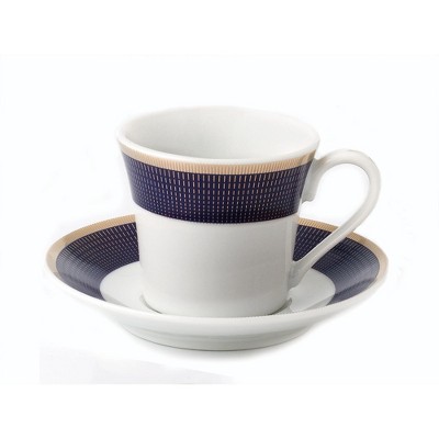 Elegant Blue and Gold Ceramic Espresso Cup and Saucer Set