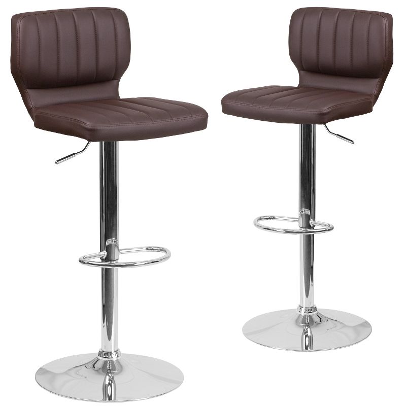 Emma and Oliver 2 Pack Contemporary Vinyl Adjustable Height Barstool with Vertical Stitch Back and Chrome Base, 1 of 7