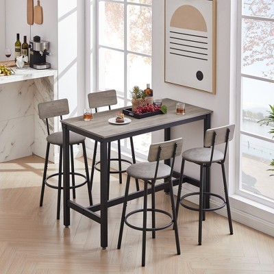 Oversart Bar Table Set with 4 Bar stools PU Soft seat with backrest, Grey, 47.24" L x 23.62" W x 35.43" H