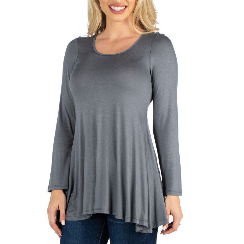 24seven Comfort Apparel Womens Long Sleeve Solid Color Swing Style Flared Tunic Top, 3 of 7