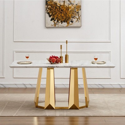 Modern Dining Table for 6 People,70'' Rectangle Faux Marble Table with Mirrored Stainless Steel Base - Maison Boucle