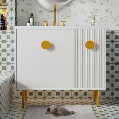 Modern Bathroom Vanity with Resin Sink and Drop-Down Door, Compact Bathroom Storage Cabinet with Sink-The Pop Home