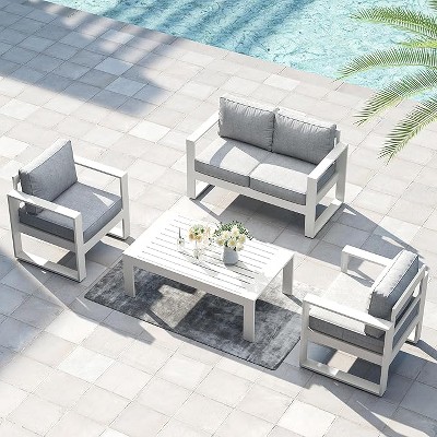 LayinSun 4 Pieces Aluminum Outdoor Patio Furniture Set, Metal Modern Conversation Sofa Set with Coffee Table and Washable Thick Cushions