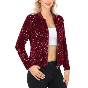 Anna-Kaci Women's Sequin Bomber Jacket with Front Zipper Closure and Ribbed Trim - 1 of 4