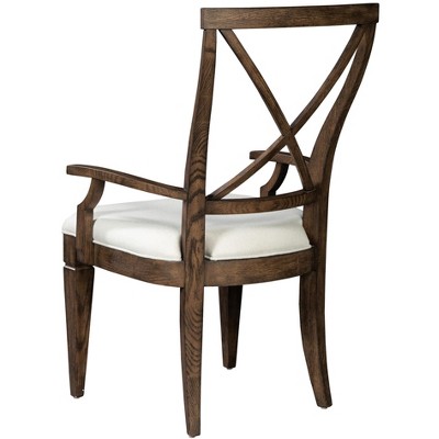 White Linen Upholstered Cross Back Arm Chair with Wood Frame
