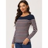 INSPIRE CHIC Women's Color Block Round Neck Long Sleeves Striped Basic T-Shirt - 2 of 4