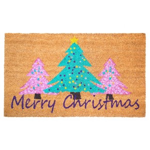 HomeRoots 24" X 36" Brown Green And Pink Christmas Trees Merry Christmas Outdoor Coir Door Mat - 1 of 4