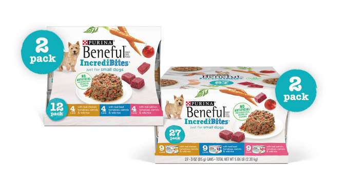 Purina Beneful IncrediBites Chicken, Beef &#38; Salmon Recipes Small Dogs Wet Dog Food - 3oz/12ct Variety Pack, 2 of 10, play video