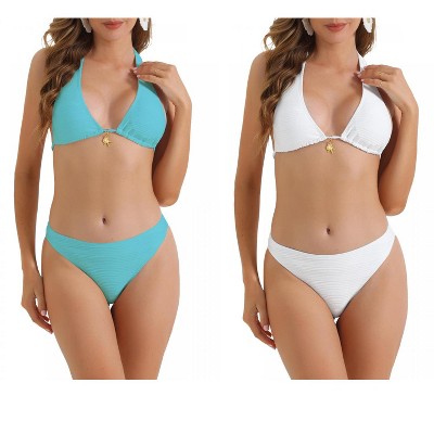 INSPIRE CHIC Women's Halter Ribbed Wide Strap Tie Back Triangle Bottoms Swimwear Bathing Bikini Suits 2 Sets