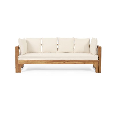 Frankie Outdoor Acacia Wood Sectional Sofa With Cushions, Teak, Beige