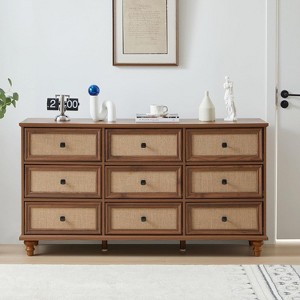 ORRD 9 Drawer Dresser for Bedroom, Mid Century Modern Wide Wood Rustic Chest of Drawers Wooden Storage Organizer Dressers with Burlap Rattan - 1 of 4