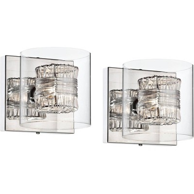 Possini Euro Design Modern Wall Sconces Set of 2 Chrome Hardwire 5" Fixture Clear Glass Cylinder Shade for Bedroom Bathroom Vanity