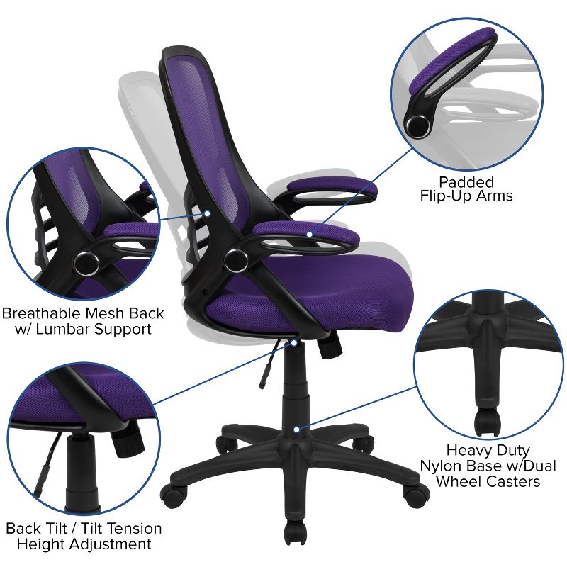 Emma and Oliver High Back Purple Mesh Ergonomic Office Chair with Black Frame and Flip-up Arms, 6 of 16