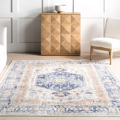 Reversible Vintage Floral Blue Synthetic Area Rug, 5' x 7'