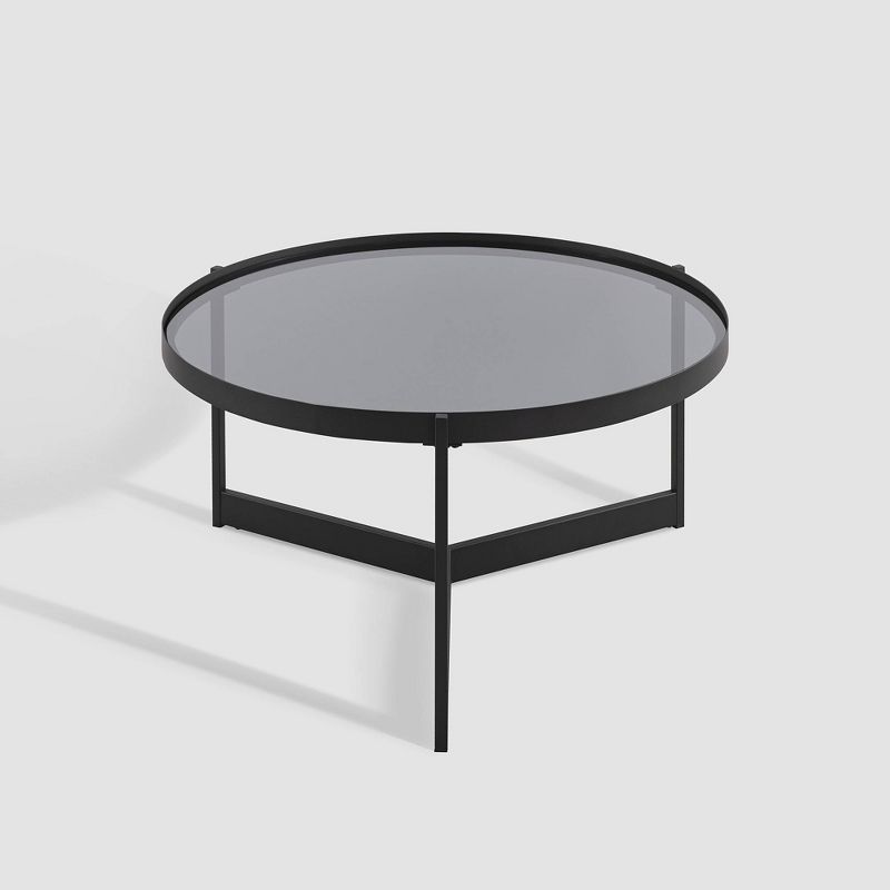 Modern Minimalist Tray Top Round Glass Coffee Table Black - Saracina Home, 6 of 11
