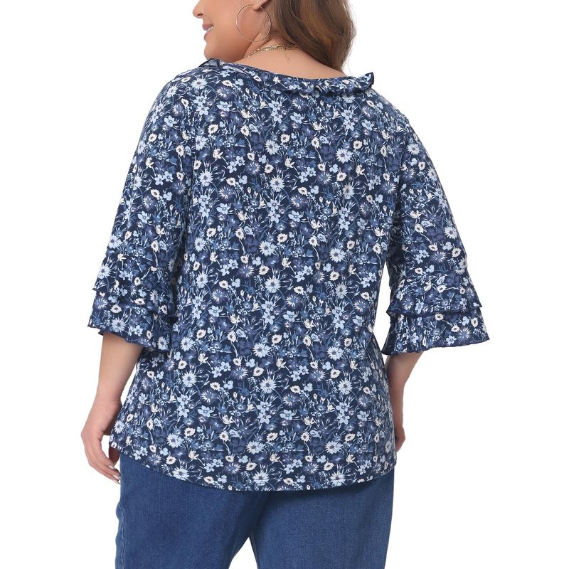 Agnes Orinda Women's Plus Size Floral Print V Neck Tiered Ruffle 3/4 Sleeve Casual Blouse, 4 of 6