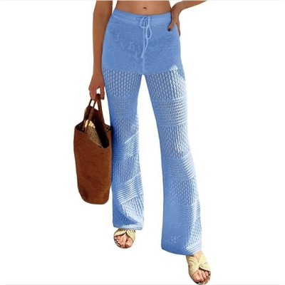 Wikineon Womens Beach Cover Up Pants Boho Crochet Knit High Waist Drawstring Sheer Hollow Swim Pant Swimwear