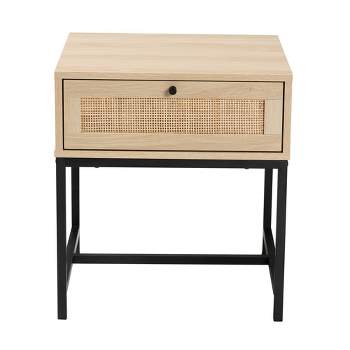 Caterina Wood and Natural Rattan 1 Drawer End Table Natural Brown/Black - Baxton Studio
