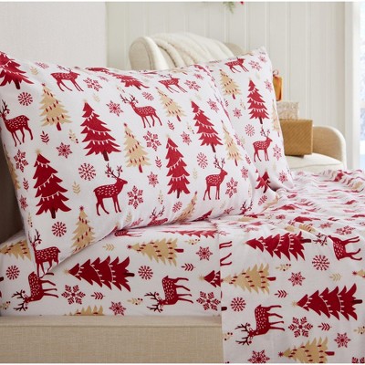 Great Bay Home Cotton Printed Flannel Sheet Set (full, Red Deer, Trees