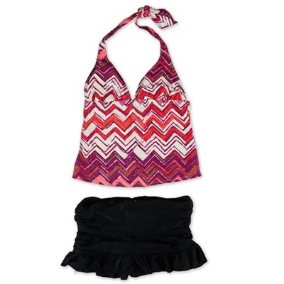 Island Escape Womens Striped Ruffled Skirtini 2 Piece Tankini