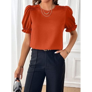 Coolmee Women Summer Blouse Casual Puff Short Sleeve Tops Fashion Crew Neck Tunic Shirts - 1 of 4