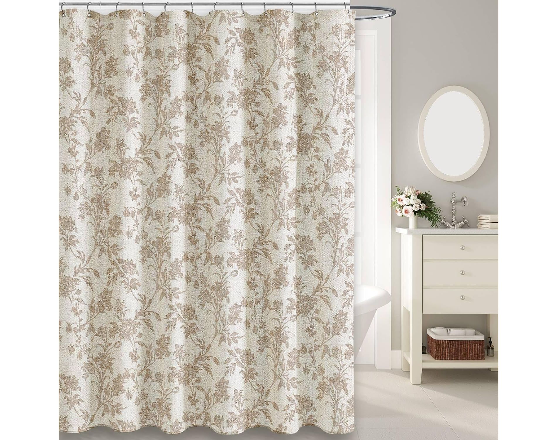 Beige Shower Curtain Floral Cotton Linen Cottagecore Shower Curtain for Bathroom 70.8x70.8 Inch
