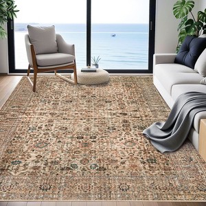 Boho Print Washable Rugs Non Slip Low Pile Vintage Floral Traditional Carpet for Living Room - 1 of 4