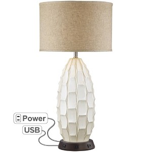 Possini Euro Design Mid Century Coastal Table Lamp with USB and AC Power Outlet Workstation Charging Base 32.75" Tall White Ceramic Living Room - 1 of 4