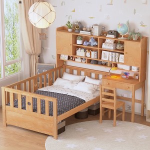 Twin Size Wood Platform Bed with Bookshelf, Built-in Desk and Matching Chair - 1 of 4