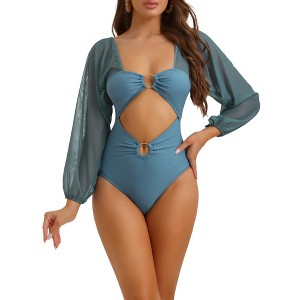 Elerevyo Women's Cut Out Ring Plunge Neck Shirred Long Sleeves Mesh Tummy Control Monokini Swimsuit 1 Pc - 1 of 4