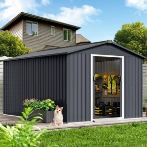 8x12 Ft Outdoor Storage Shed, Outdoor Metal Shed with Sloped Roof & Lockable Door, Backyard Garden Patio Lawn Outdoor Shed - 1 of 4