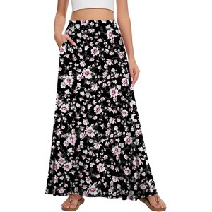 Women's 2025 Maxi A-Line Skirt - Elastic High Waist Flowy Long Skirt with Pockets Black Pink Flower - 1 of 4
