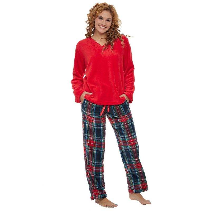 Women's Soft Warm Fleece Pajamas Lounge Set, Long V Neck Top and Pants, PJ, 1 of 9