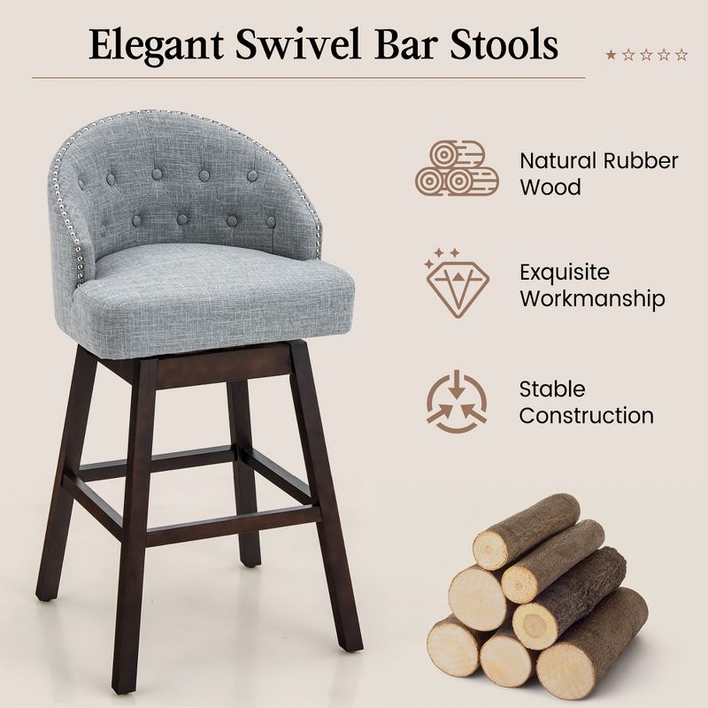 Costway Set of 4 Swivel Bar Stools Tufted Bar Height Pub Chairs with Rubber Wood Legs Grey/Beige, 5 of 10