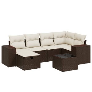 vidaXL 7 Piece Patio Sofa Set with Cushions - Brown and Cream without Storage - 7 Items - 1 of 4