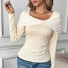 Women's French Style U-Neck Off-Shoulder Top, Twist Knot Long Sleeve Knit Shirt, Slim-Fit Blouse - 2 of 4