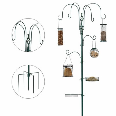 PawHut 6 Hook Feeding Station, Steel Multi-Feeder Kit Stand with 4 Bird Feeders, Mesh Tray, Water Dish and 4-Prong Base, Green