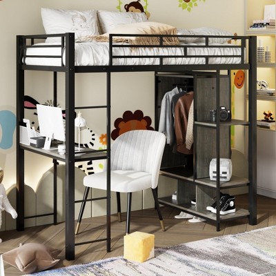 Twin Size Metal Loft Bed with Built-in Wardrobe, Desk, Shelves, Safety Guardrails and  Ladder, White/Black-ModernLuxe
