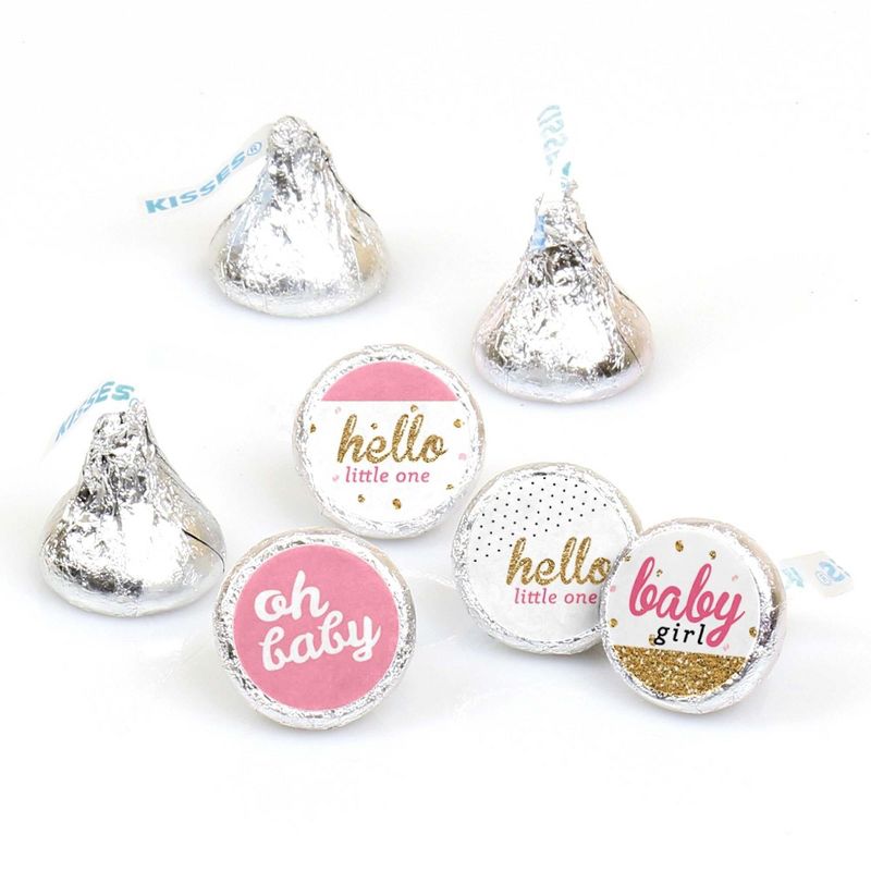Big Dot of Happiness Hello Little One - Pink & Gold - Girl Baby Shower Party Round Candy Sticker Favors - Labels Fits Chocolate Candy (1 sheet of 108), 1 of 7