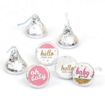 Big Dot of Happiness Hello Little One - Pink & Gold - Girl Baby Shower Party Round Candy Sticker Favors - Labels Fits Chocolate Candy (1 sheet of 108)