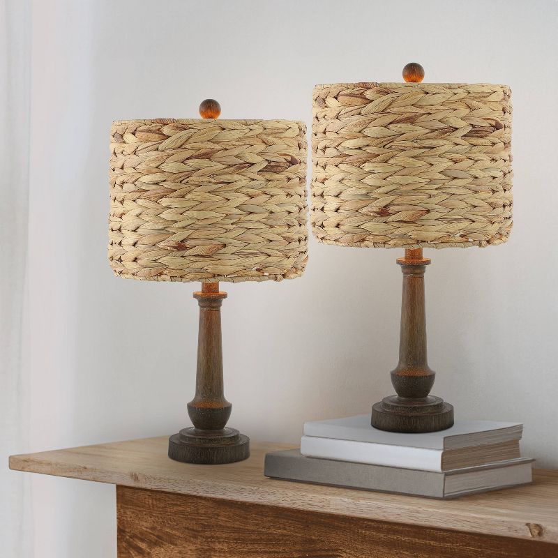 Set of 2 21&#34; Theodore Rustic Farmhouse Handwoven Rattan/Resin Table Lamps (Includes LED Light Bulb) Brown Wood Finish - JONATHAN Y, 4 of 10