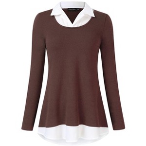 BLUEMING Womens Polo Shirts Color Block Faux Layering Shirts Plaid Shirts Teacher Shirts Everyday Tops - 1 of 4