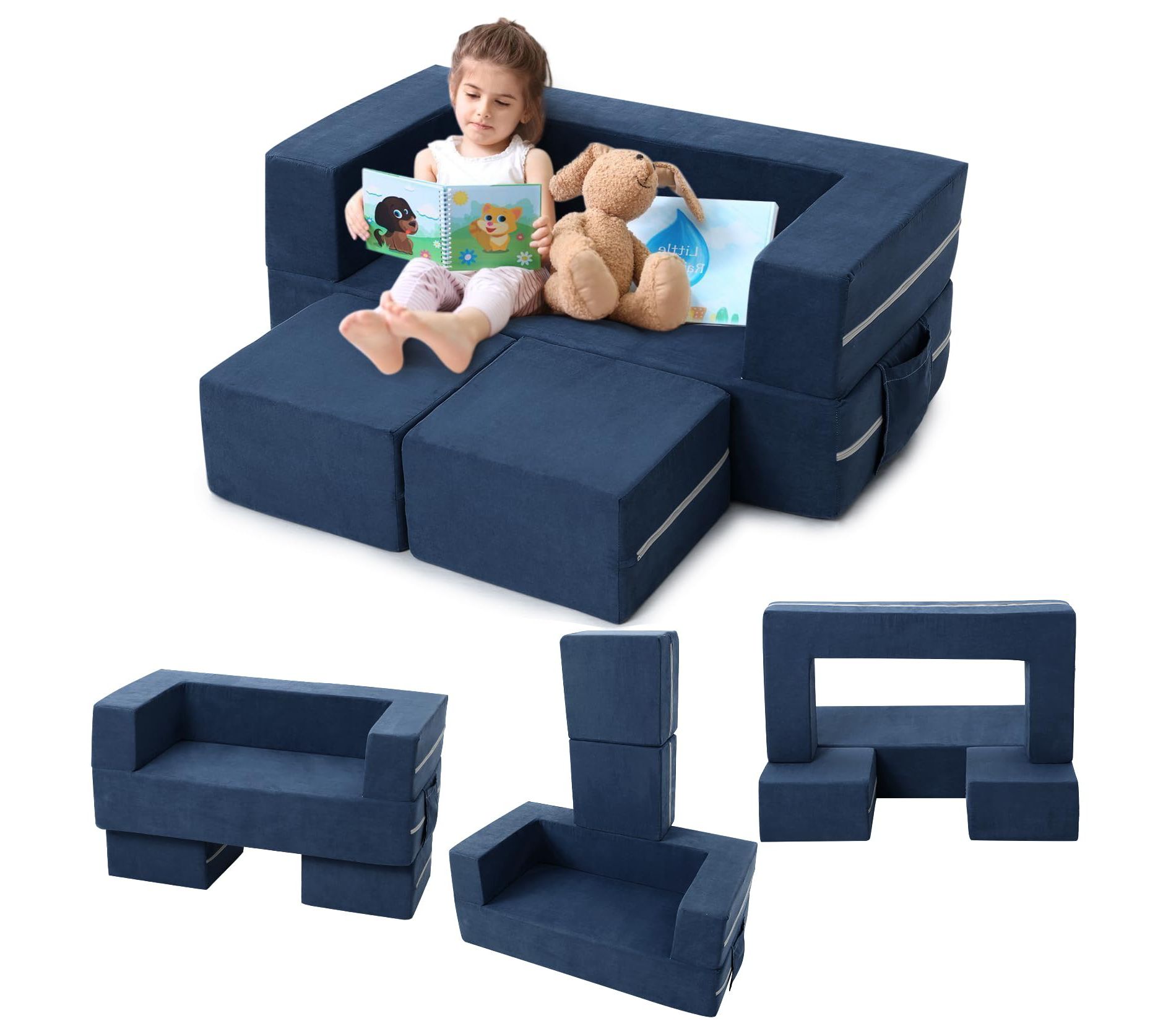 TROPOW Kids Play Couch, 3Pcs Modular Kids Couch Toddler Couch for Playroom Bedroom Furniture, Convertible Foam Kids Play Sofa, Navy Blue
